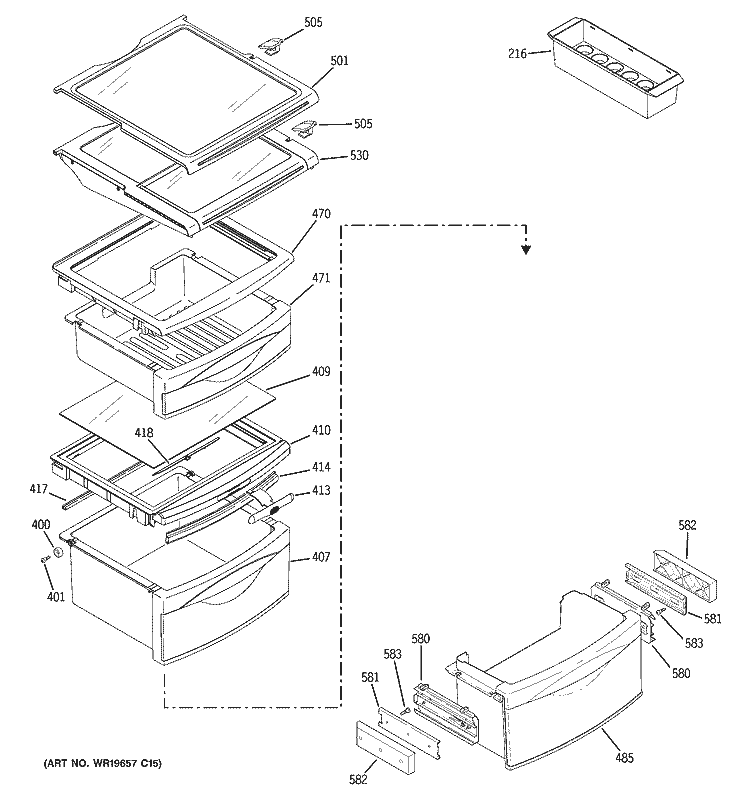 FRESH FOOD SHELVES Diagram and Parts List for RSK25MGMKCCC  General Electric Refrigerator