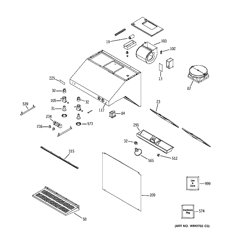 RANGE HOOD Diagram and Parts List for ZV36RSF1SS  General Electric Range Hood
