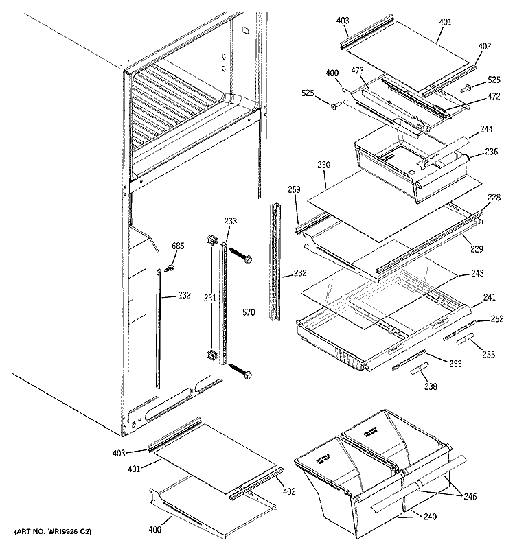 FRESH FOOD SHELVES Diagram and Parts List for DTH18ZBSTRWW  General Electric Refrigerator