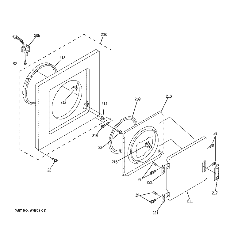 DRYER FRONT PANEL & DOOR Diagram and Parts List for WSM2420D2WW  General Electric Washer Dryer Combo