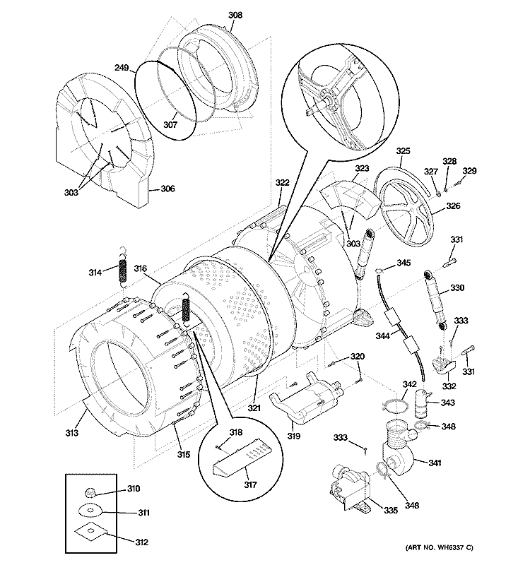 TUB & MOTOR Diagram and Parts List for WSXH208F0WW  General Electric Washer