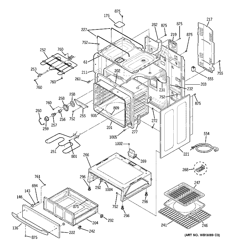 BODY PARTS Diagram and Parts List for JCBP48WJ3WW  General Electric Range