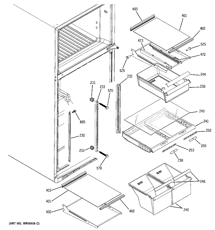 FRESH FOOD SHELVES Diagram and Parts List for DTS18ZBRLRWW  General Electric Refrigerator
