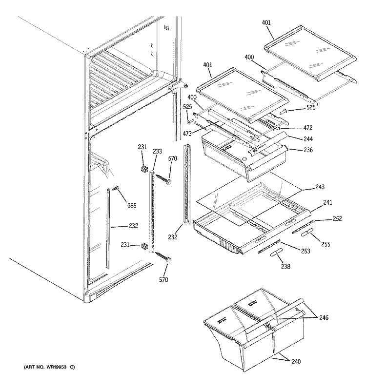 FRESH FOOD SHELVES Diagram and Parts List for GTS18KHPLRWW  General Electric Refrigerator