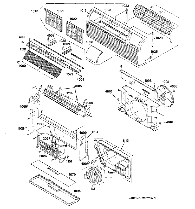 GRILLE & AIR MOVING PARTS Diagram and Parts List for AZ22E12E4PM2  General Electric Air Conditioner