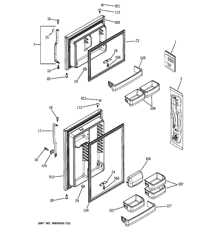DOORS Diagram and Parts List for GTS18SBPLRBS  General Electric Refrigerator
