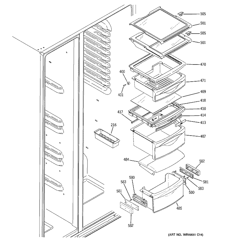 FRESH FOOD SHELVES Diagram and Parts List for GCG21IESBFWW  General Electric Refrigerator