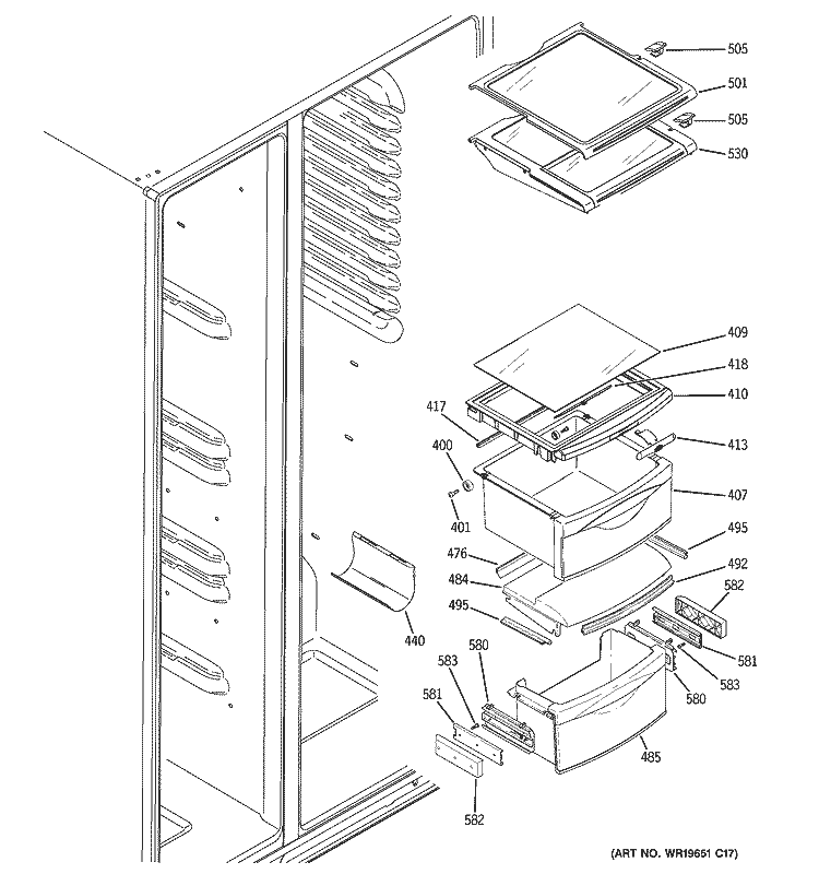 FRESH FOOD SHELVES Diagram and Parts List for PCG23YESBFWW  General Electric Refrigerator