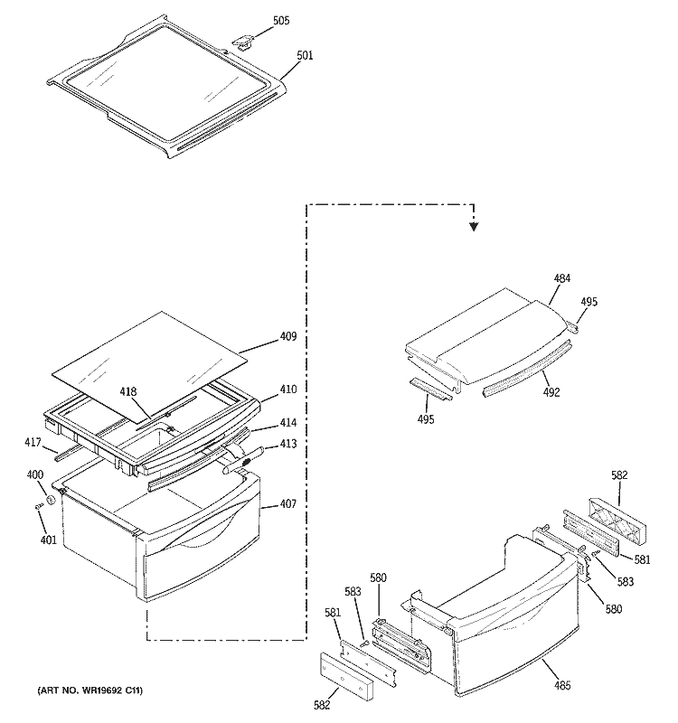 FRESH FOOD SHELVES Diagram and Parts List for RCK23LASAFCC  General Electric Refrigerator
