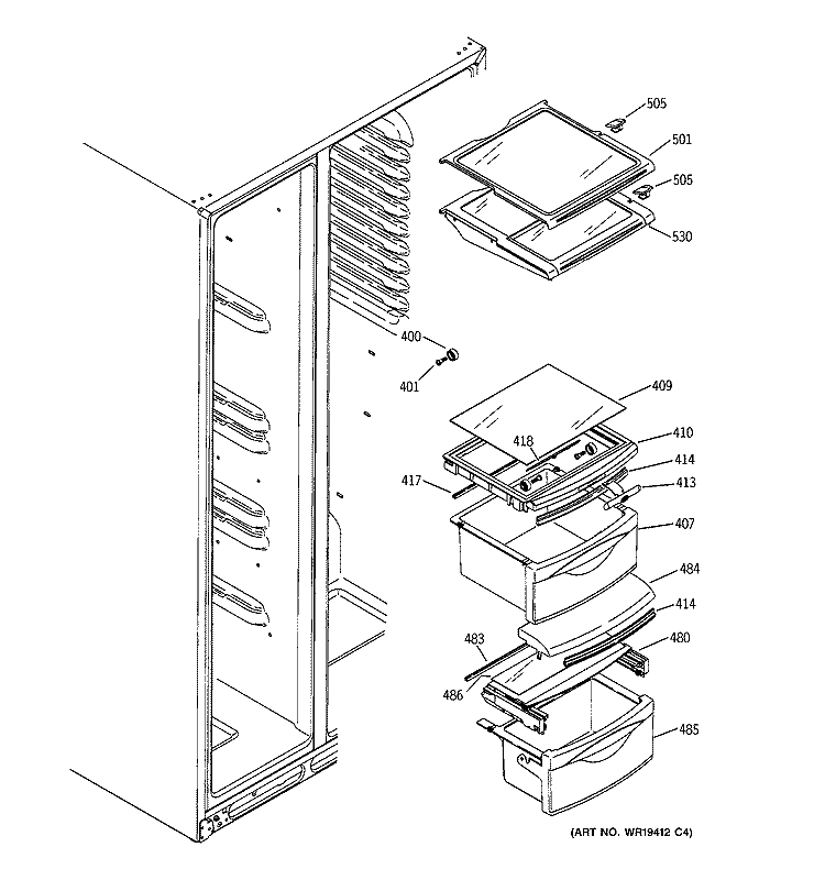 FRESH FOOD SHELVES Diagram and Parts List for RSK25LAPCCCC  General Electric Refrigerator