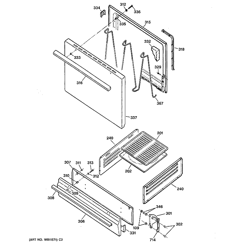 DOOR & DRAWER PARTS Diagram and Parts List for RGB508PEH3WH  Hotpoint Range