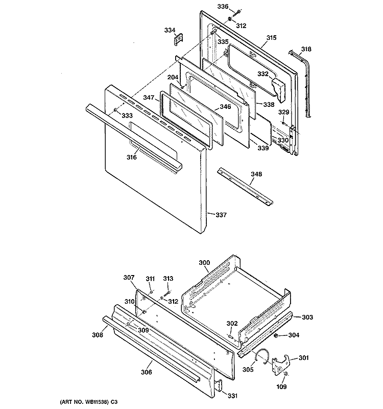 DOOR & DRAWER PARTS Diagram and Parts List for RGB528PEH2WW  Hotpoint Range