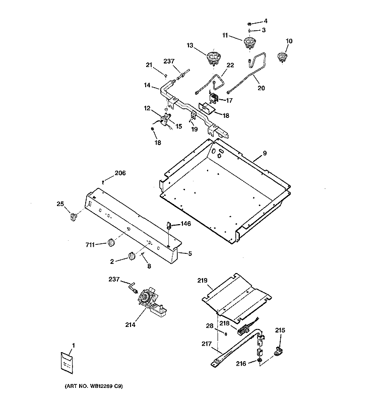 GAS & BURNER PARTS Diagram and Parts List for RGB533BEK2BB  Hotpoint Range