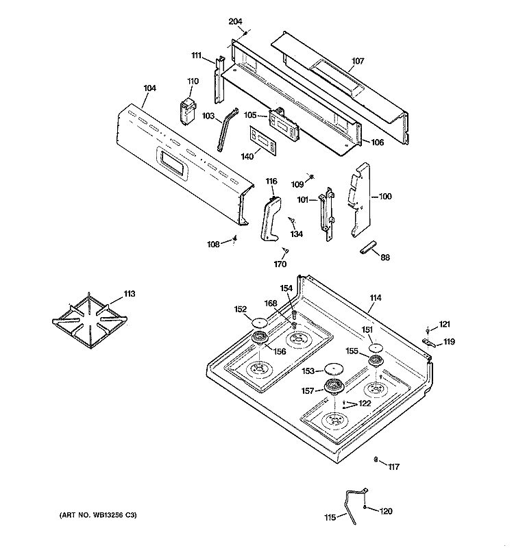 CONTROL PANEL & COOKTOP Diagram and Parts List for RGB540SEH3SA  Hotpoint Range