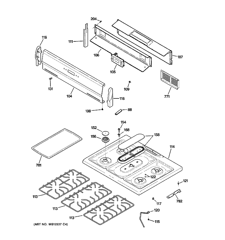 CONTROL PANEL & COOKTOP Diagram and Parts List for JGBS10CEH4CC  General Electric Range