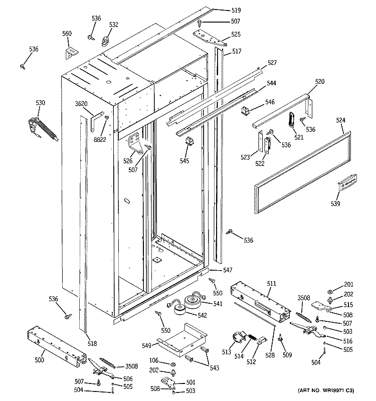 CASE PARTS Diagram and Parts List for ZIS360NRI  General Electric Refrigerator