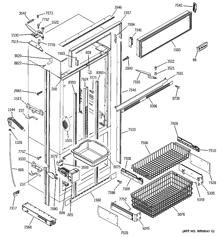FREEZER SECTION, TRIM & COMPONENTS Diagram and Parts List for ZIC360NRFLH  General Electric Refrigerator