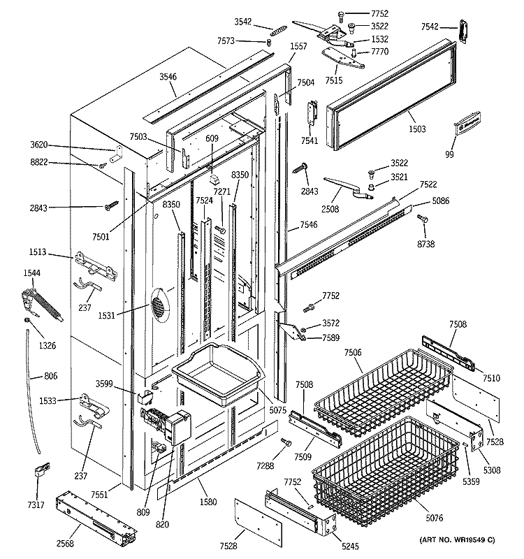 FREEZER SECTION, TRIM & COMPONENTS Diagram and Parts List for ZIC360NRFRH  General Electric Refrigerator