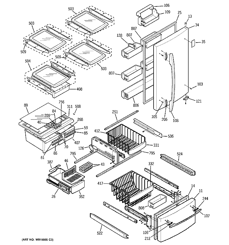DOORS & SHELVES Diagram and Parts List for GBS22KBRBBB  General Electric Refrigerator