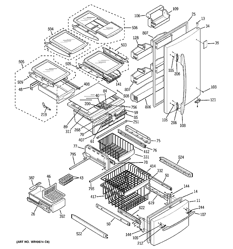 DOORS & SHELVES Diagram and Parts List for PDS20MBRACC  General Electric Refrigerator