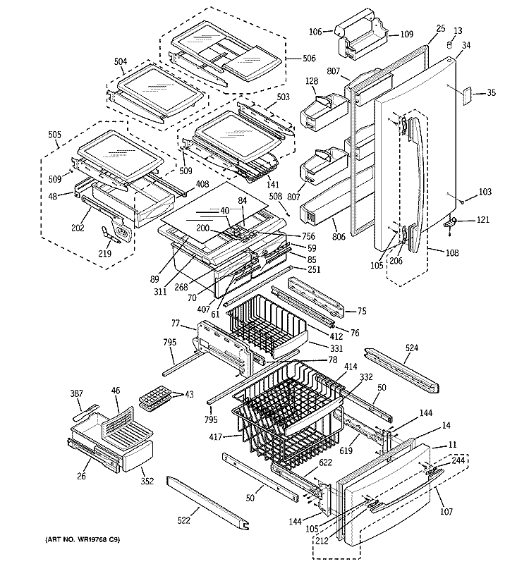 DOORS & SHELVES Diagram and Parts List for PDS20SBRALSS  General Electric Refrigerator