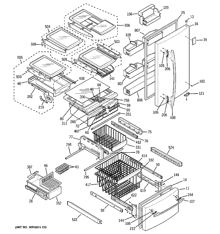 DOORS & SHELVES Diagram and Parts List for PDS22MBRAWW  General Electric Refrigerator