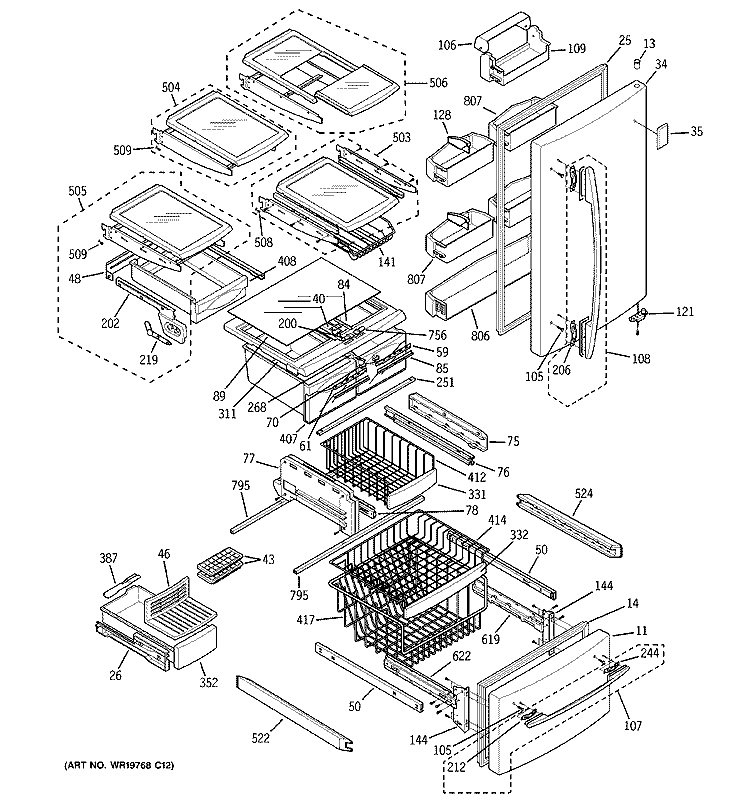 DOORS & SHELVES Diagram and Parts List for PDS22SBRBRSS  General Electric Refrigerator