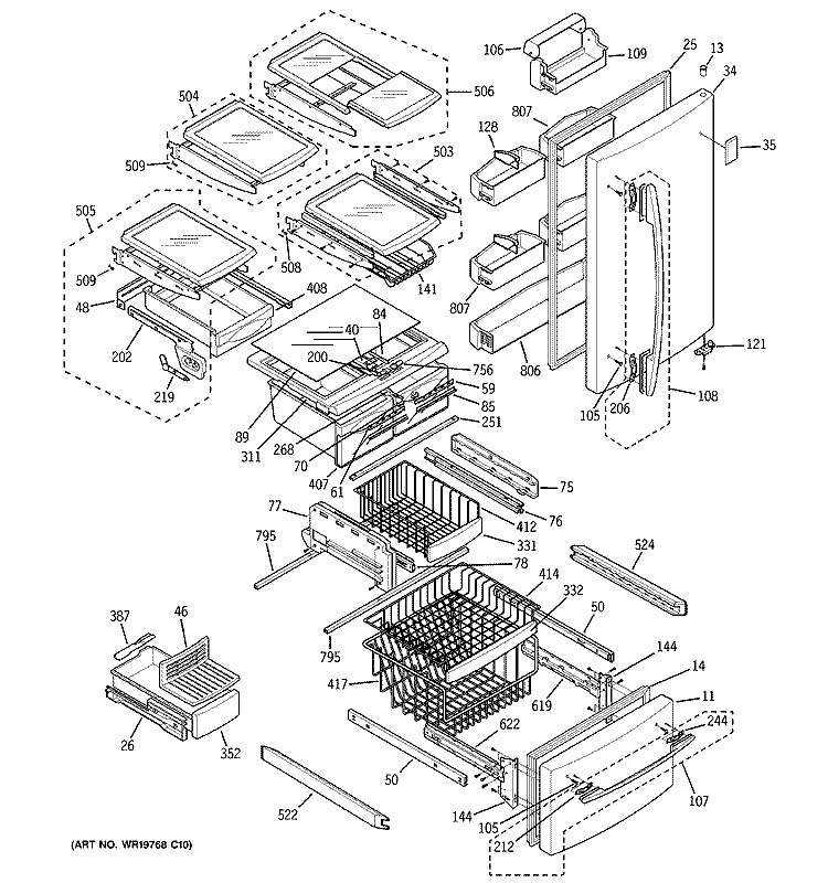 DOORS & SHELVES Diagram and Parts List for PDW22SCRBRSS  General Electric Refrigerator