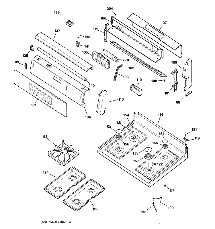 CONTROL PANEL & COOKTOP Diagram and Parts List for JGBP85CEA1CC  General Electric Range