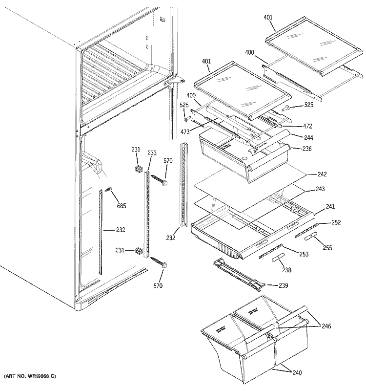 FRESH FOOD SHELVES Diagram and Parts List for GTS18KHPPRWW  General Electric Refrigerator