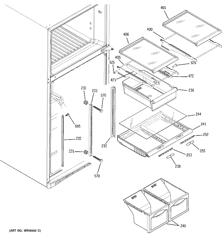 FRESH FOOD SHELVES Diagram and Parts List for GTS18WCPA1RWW  General Electric Refrigerator