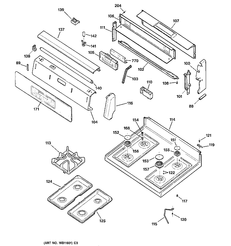 CONTROL PANEL & COOKTOP Diagram and Parts List for JGBP85BEB5BB  General Electric Range