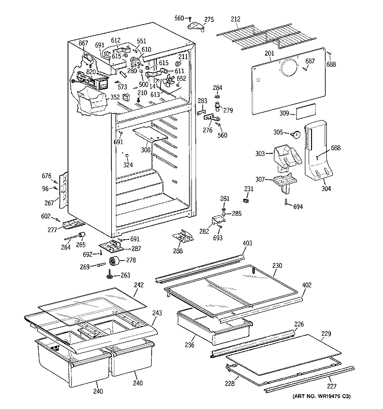 CABINET Diagram and Parts List for HTS18GCSERWW  Hotpoint Refrigerator