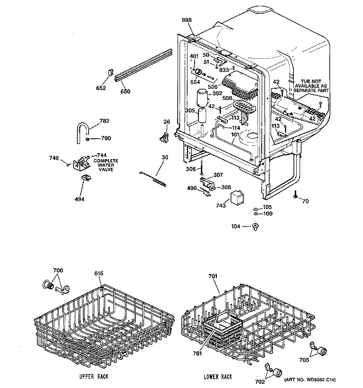 BODY PARTS Diagram and Parts List for ADW1000K00BB  General Electric Dishwasher