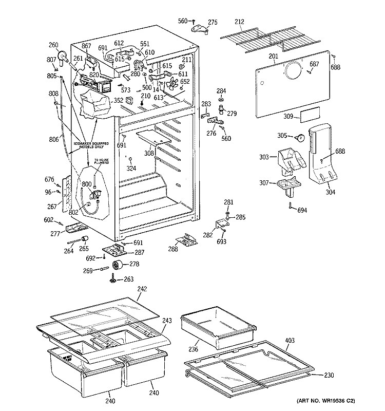 CABINET Diagram and Parts List for GTS18QCSARWW  General Electric Refrigerator