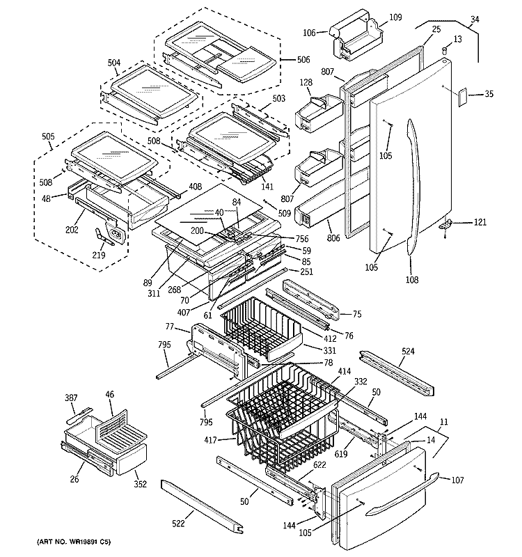 DOORS & SHELVES Diagram and Parts List for PDW22SISASS  General Electric Refrigerator