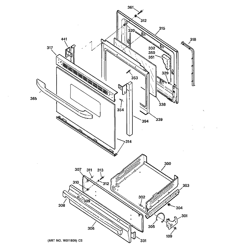 DOOR & DRAWER PARTS Diagram and Parts List for JGBS23SEH1SS  General Electric Range