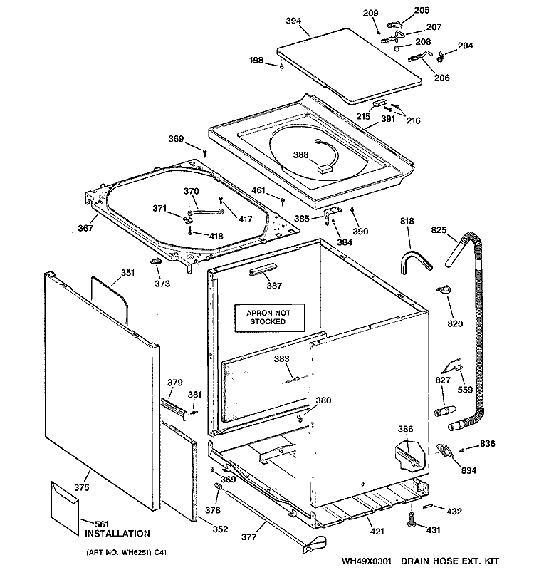 CABINET, COVER & FRONT PANEL Diagram and Parts List for WNCJ2050A0WC  General Electric Washer