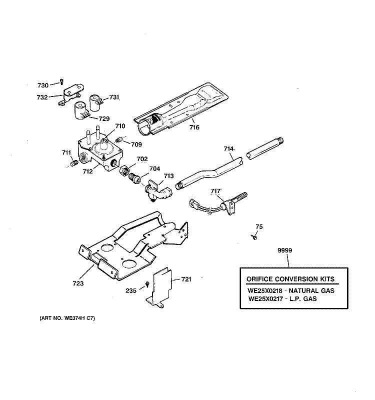 GAS VALVE & BURNER ASSEMBLY Diagram and Parts List for DRSR483GD2WW  General Electric Dryer