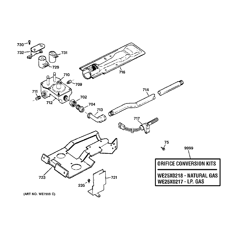 GAS VALVE & BURNER ASSEMBLY Diagram and Parts List for DWSR483GB2WW  General Electric Dryer