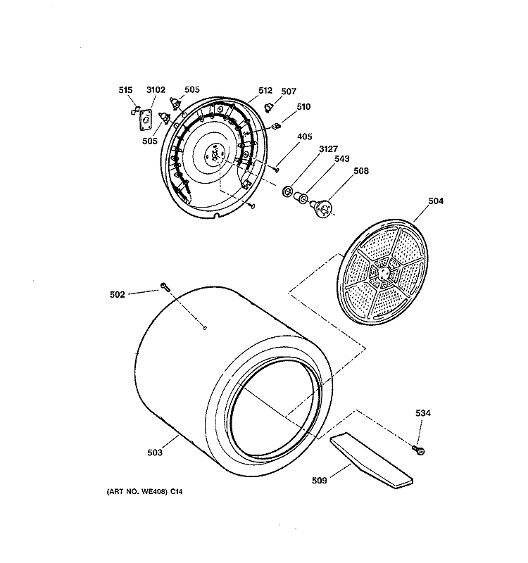 DRUM Diagram and Parts List for DDC4400SKMWH  General Electric Dryer