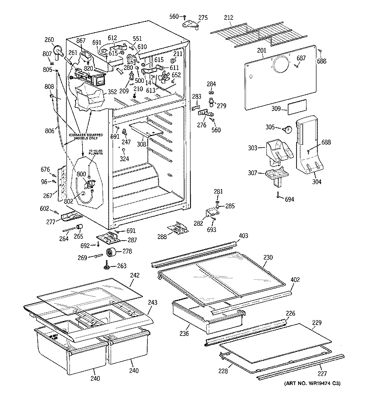 CABINET Diagram and Parts List for GTS18GCSERWW  General Electric Refrigerator