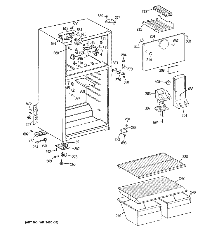 CABINET Diagram and Parts List for HTR16BBRFLWW  Hotpoint Refrigerator