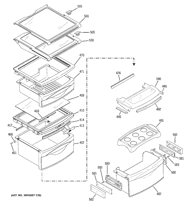 FRESH FOOD SHELVES Diagram and Parts List for PSC25MSTASS  General Electric Refrigerator