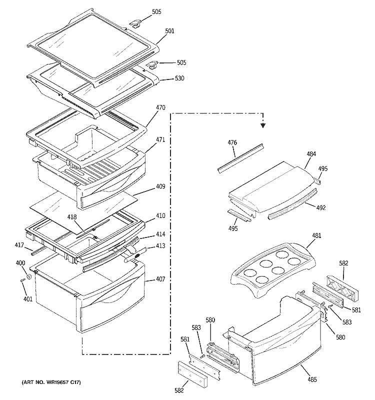 FRESH FOOD SHELVES Diagram and Parts List for PSW26MSTA SS  General Electric Refrigerator