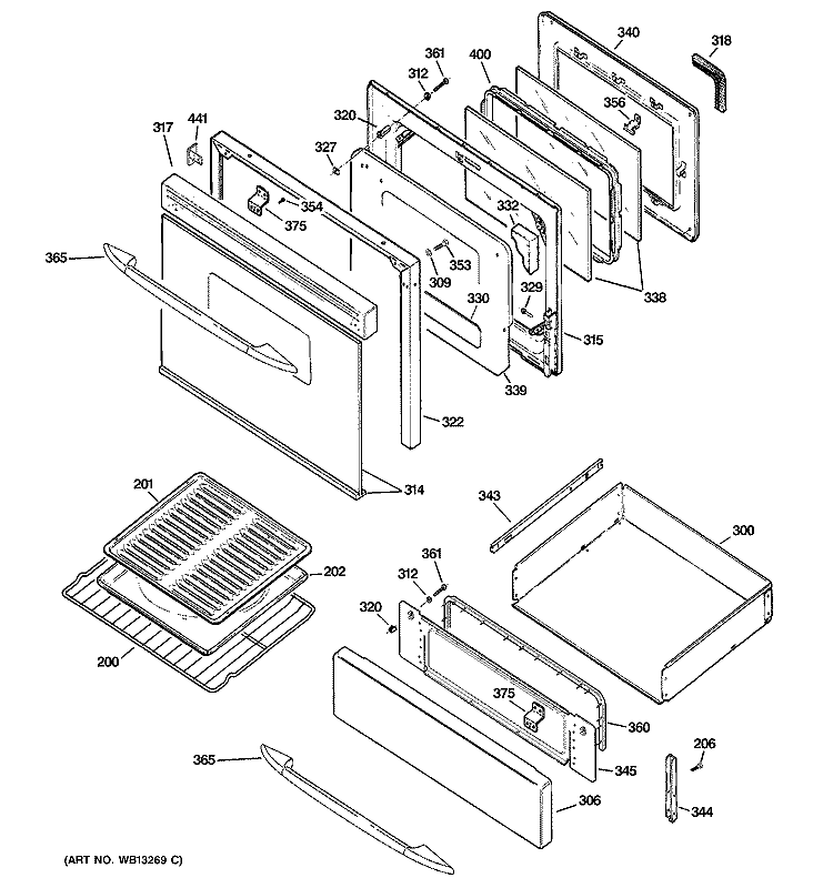 DOOR & DRAWER PARTS Diagram and Parts List for JGBP99SEH4SS  General Electric Range