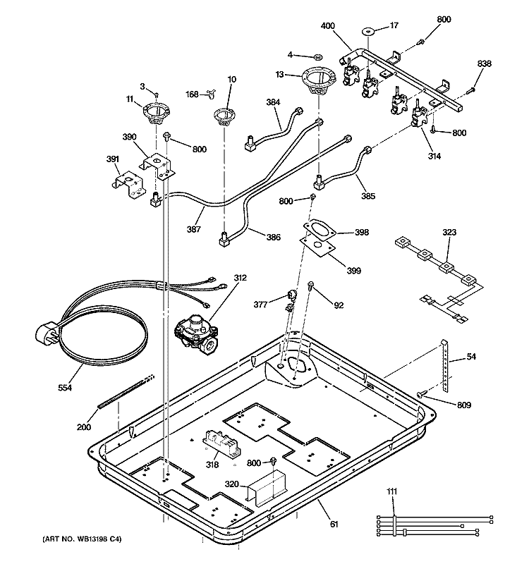 GAS & BURNER PARTS Diagram and Parts List for JGP337WEJ3WW  General Electric Cooktop