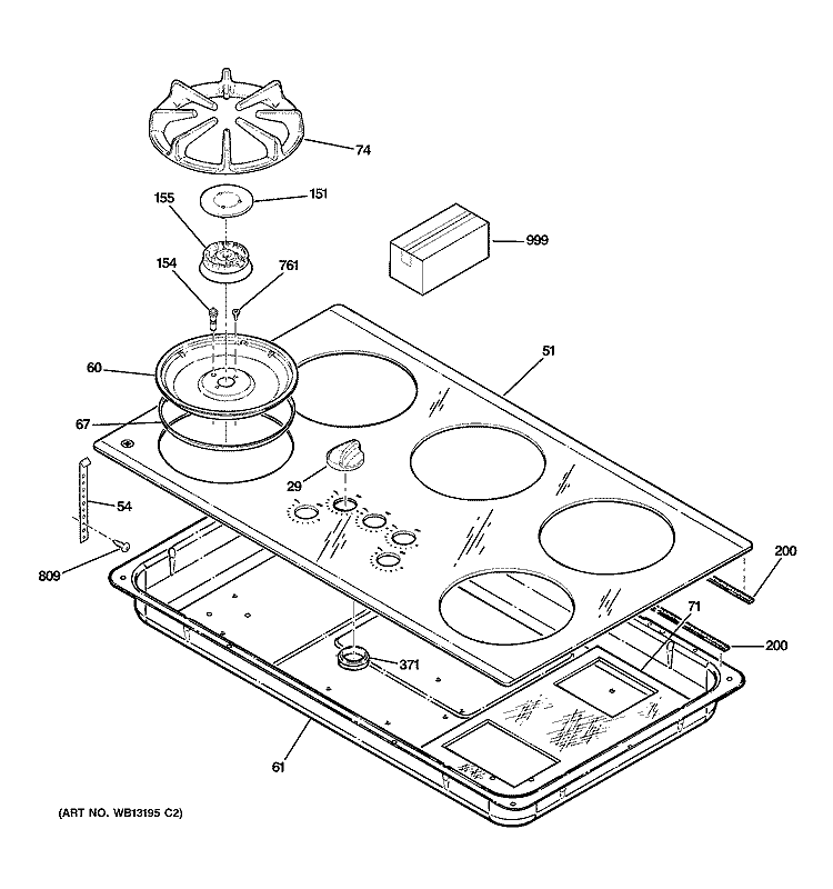 CONTROL PANEL & COOKTOP Diagram and Parts List for JGP637BEJ3BB  General Electric Cooktop