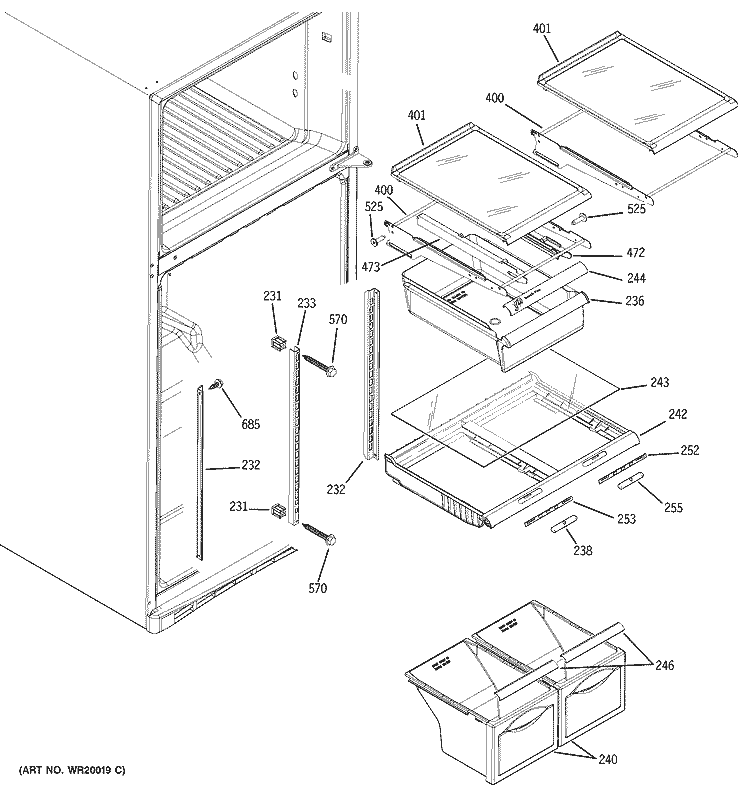 FRESH FOOD SHELVES Diagram and Parts List for PTS18SHSVRSS  General Electric Refrigerator