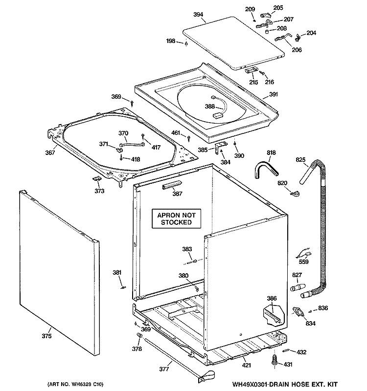 CABINET, COVER & FRONT PANEL Diagram and Parts List for WNCK2050D1WW  General Electric Washer
